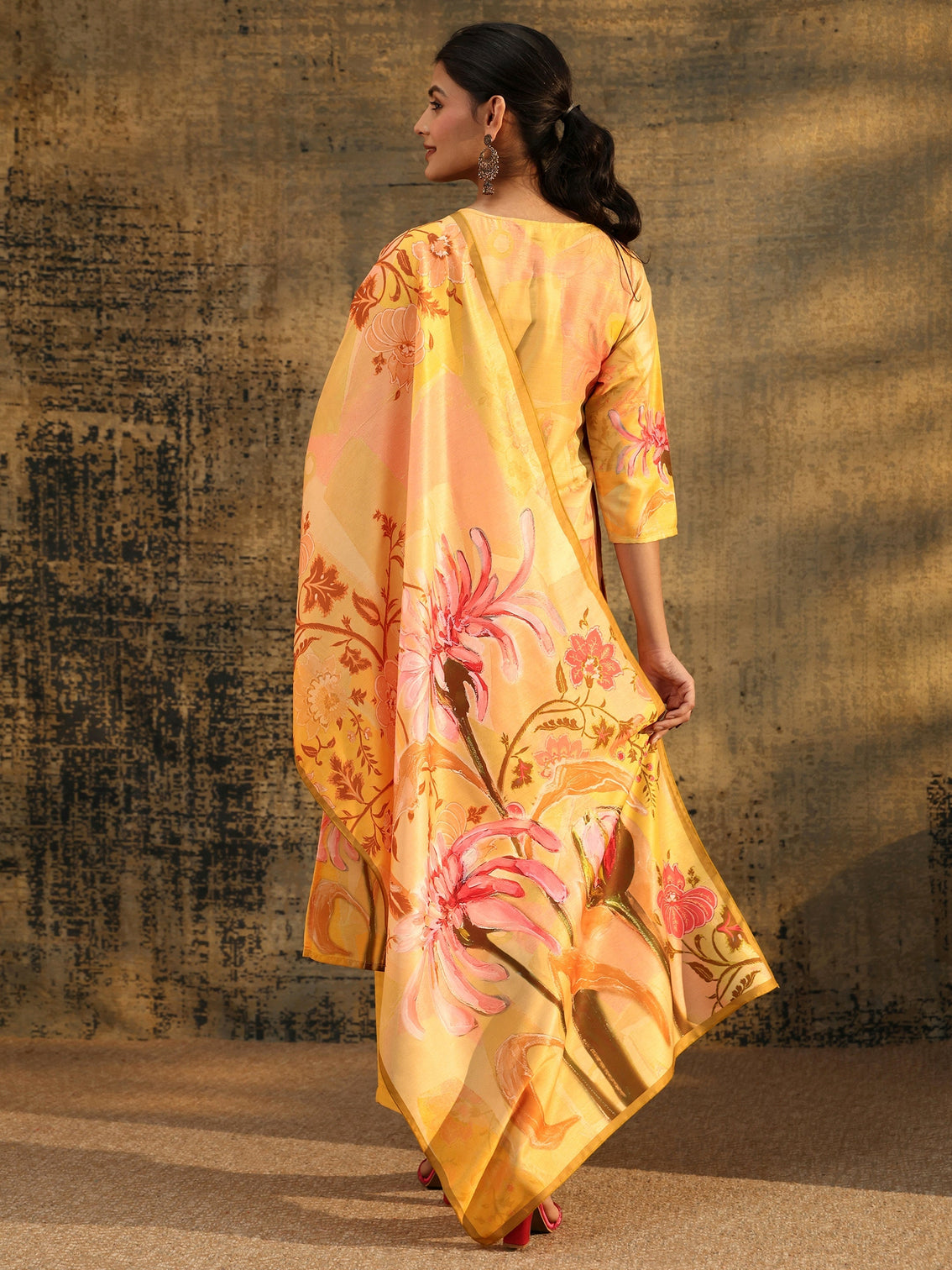 Mameraa Mustard Floral Printed Muslin Straight Suit Set