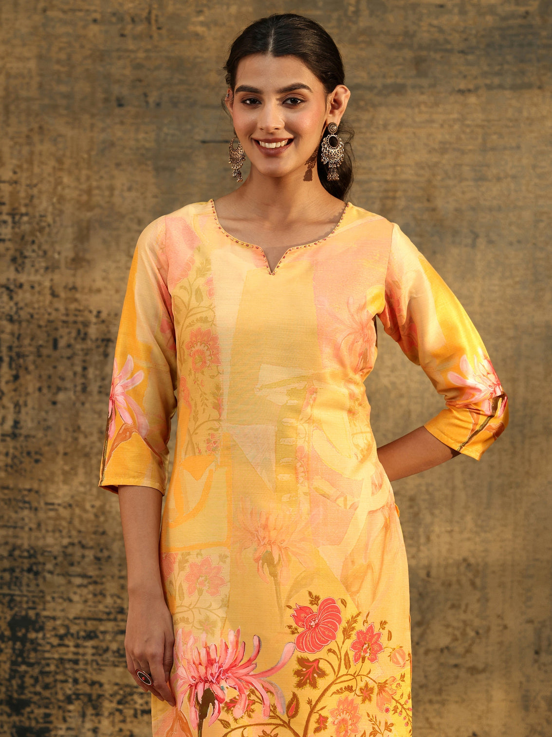 Mameraa Mustard Floral Printed Muslin Straight Suit Set