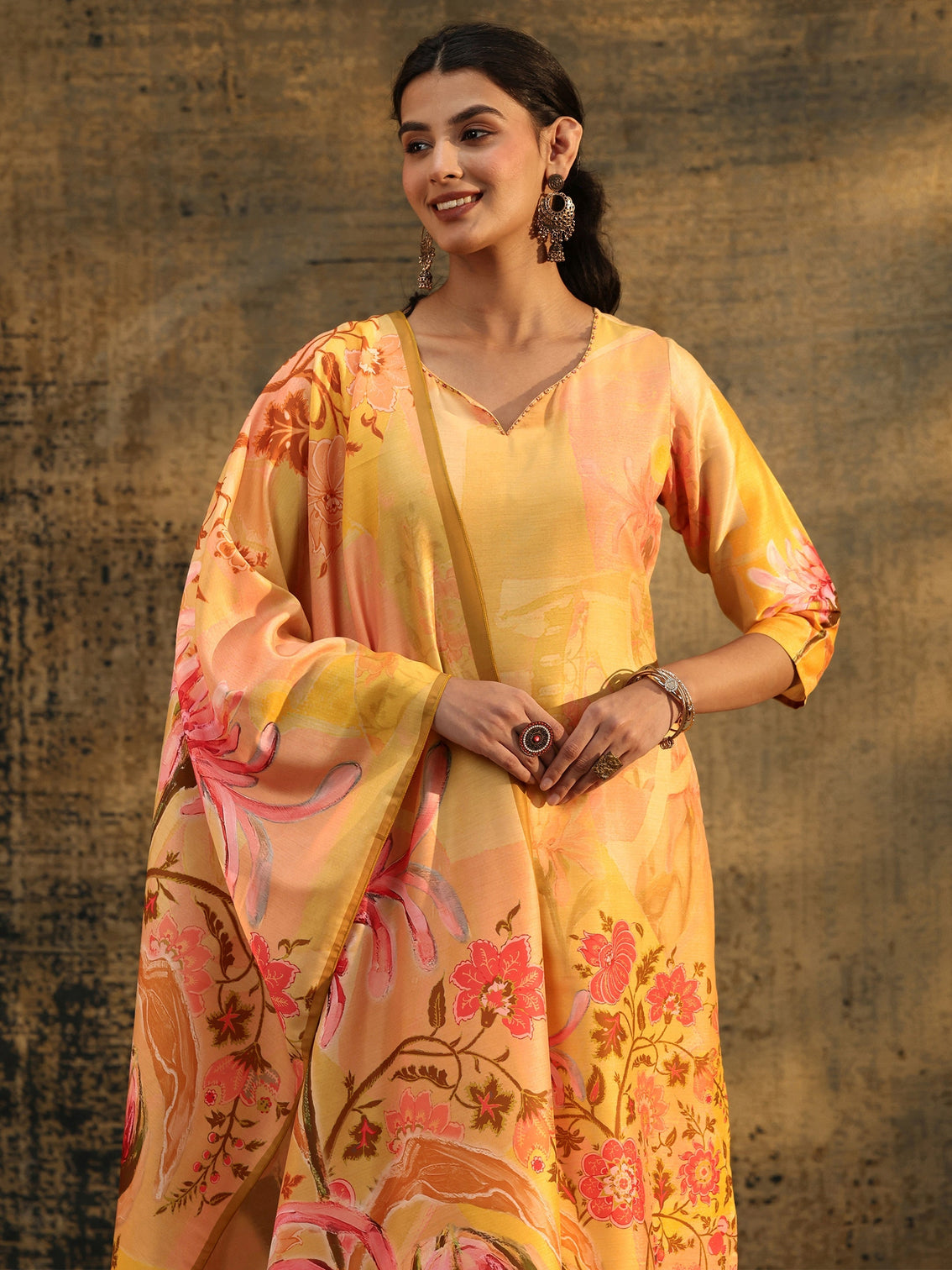 Mameraa Mustard Floral Printed Muslin Straight Suit Set