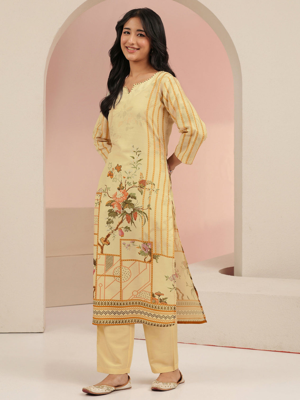 Mameraa Beige Floral Print Silk Blend Straight Suit Set