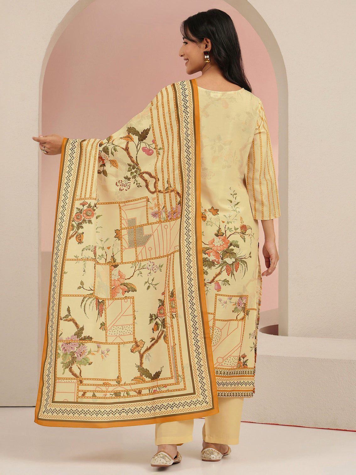 Mameraa Beige Floral Print Silk Blend Straight Suit Set