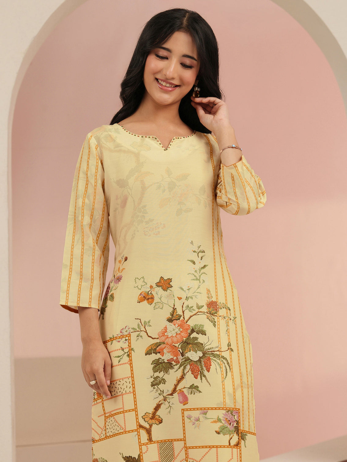 Mameraa Beige Floral Print Silk Blend Straight Suit Set