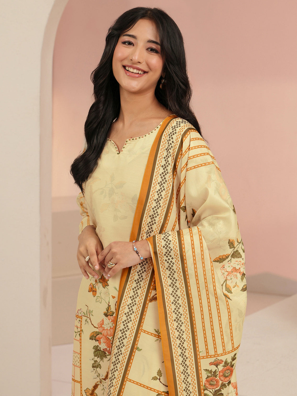 Mameraa Beige Floral Print Silk Blend Straight Suit Set