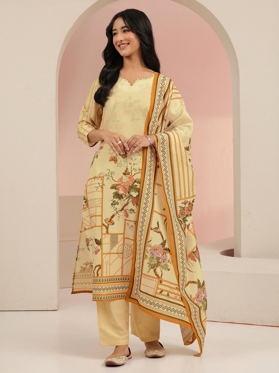 Mameraa Beige Floral Print Silk Blend Straight Suit Set