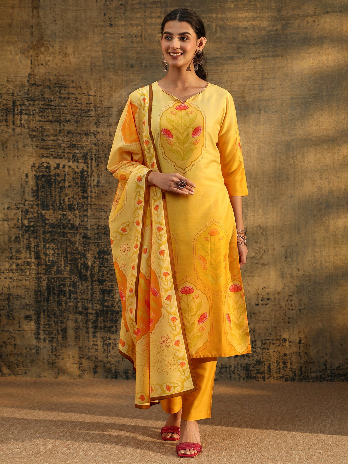 Mameraa Mustard Floral Printed Muslin Straight Suit Set