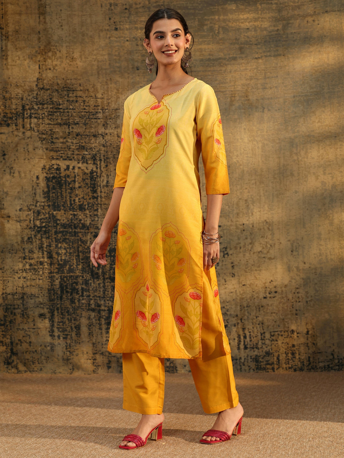 Mameraa Mustard Floral Printed Muslin Straight Suit Set