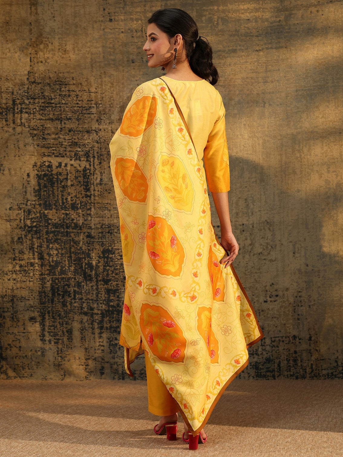 Mameraa Mustard Floral Printed Muslin Straight Suit Set