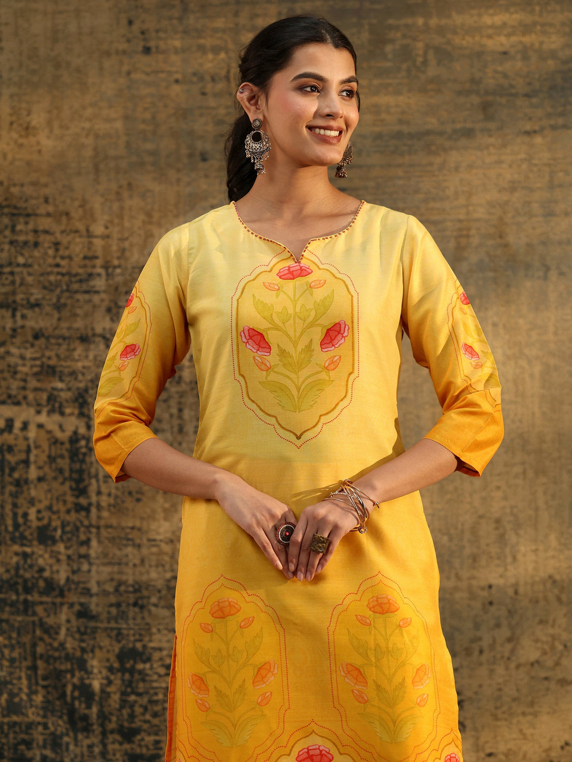 Mameraa Mustard Floral Printed Muslin Straight Suit Set