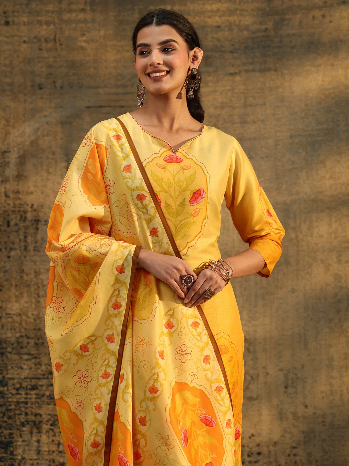 Mameraa Mustard Floral Printed Muslin Straight Suit Set