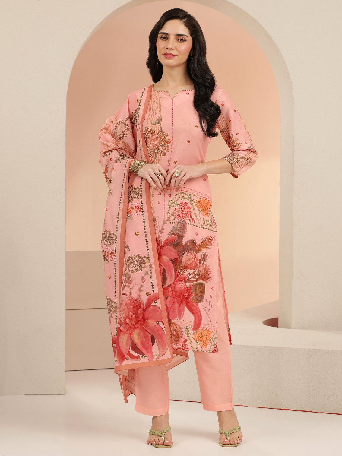 Mameraa Peach Pink Floral Printed Silk Blend Straight Suit Set