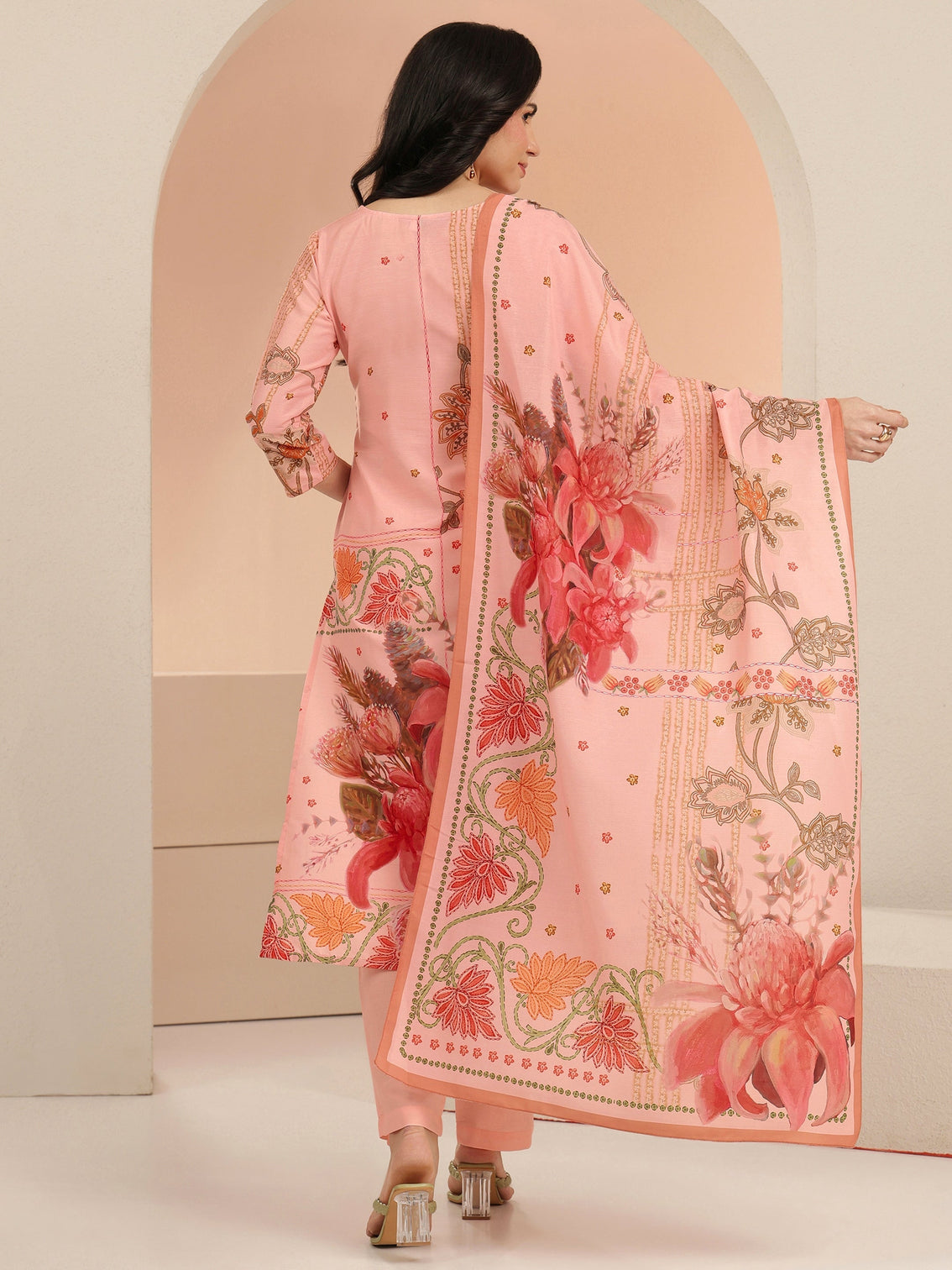 Mameraa Peach Pink Floral Printed Silk Blend Straight Suit Set