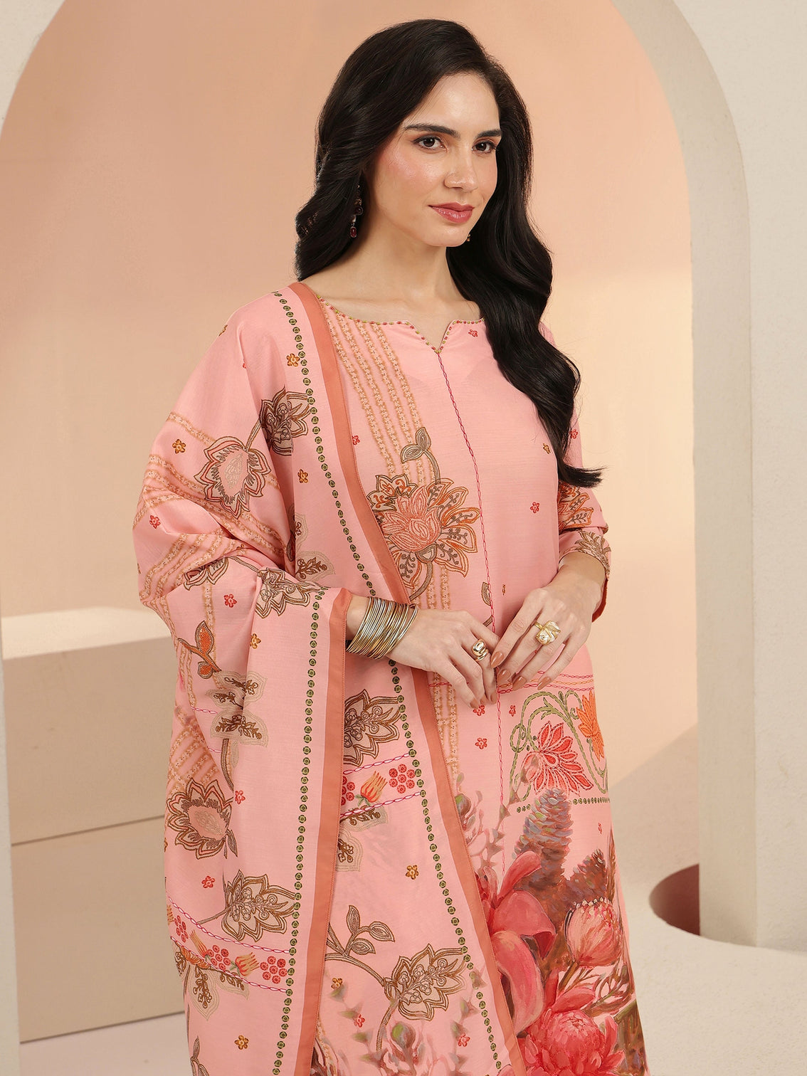 Mameraa Peach Pink Floral Printed Silk Blend Straight Suit Set