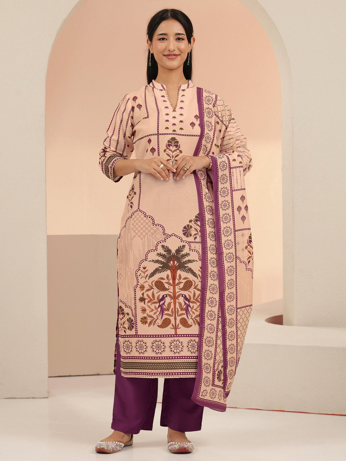 Mameraa Beige Mughal Floral Printed Silk Blend Straight Suit Set