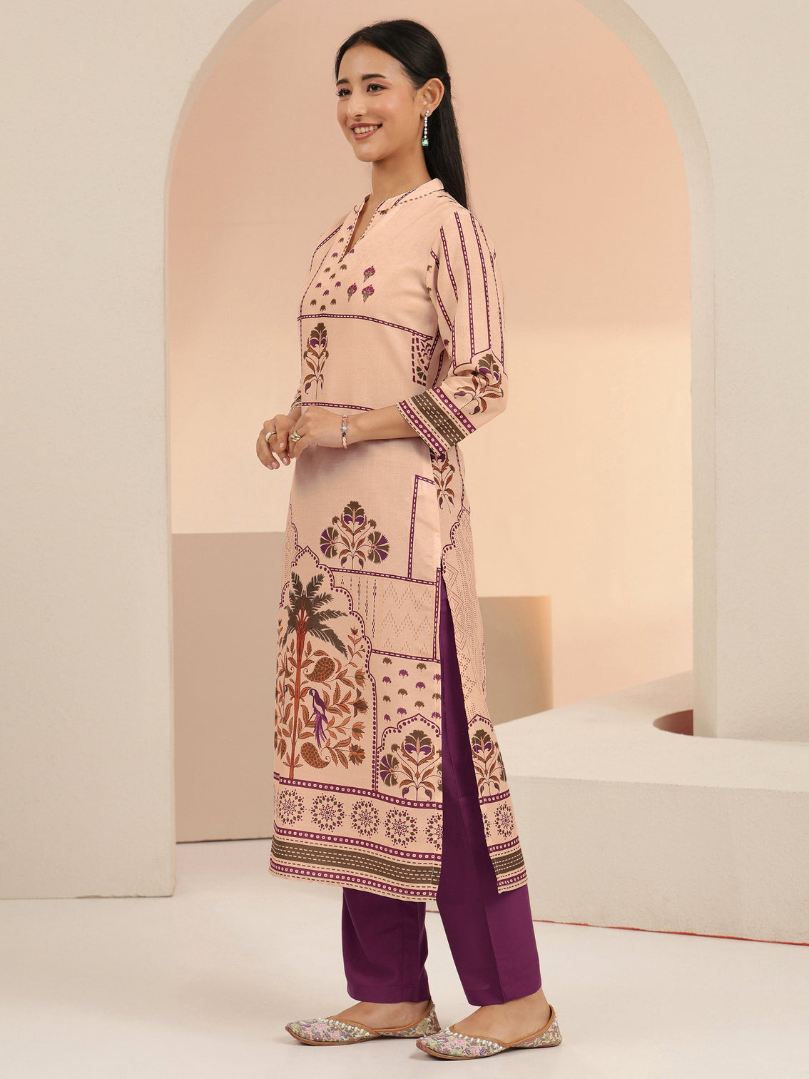 Mameraa Beige Mughal Floral Printed Silk Blend Straight Suit Set