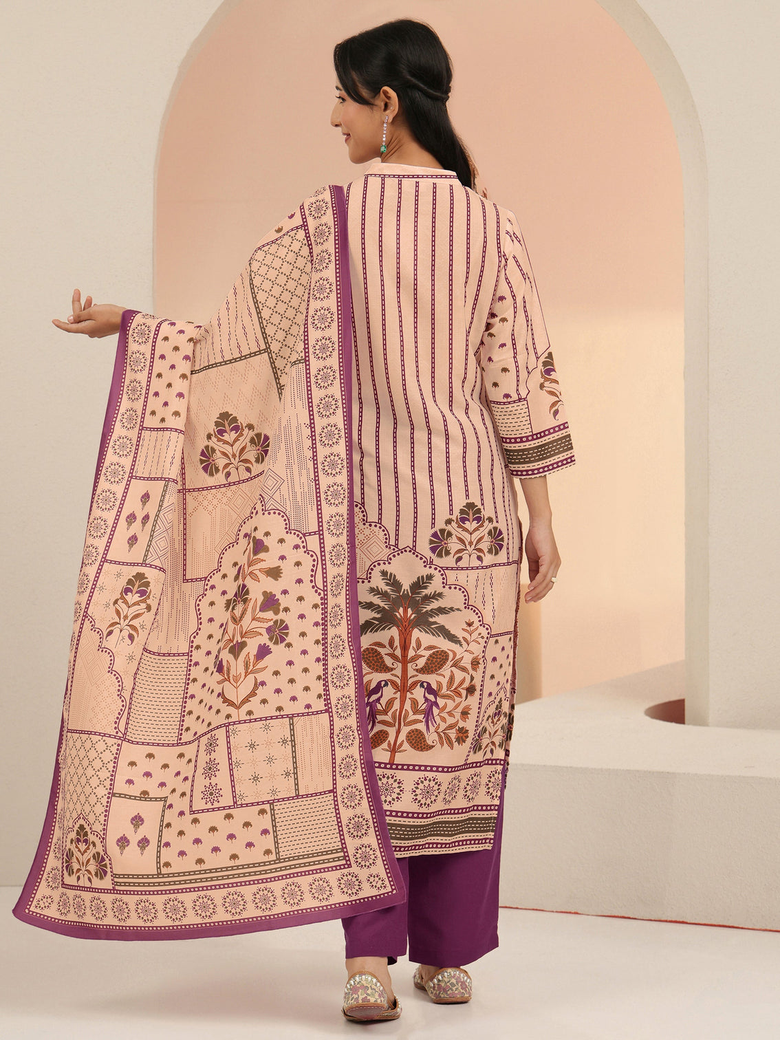 Mameraa Beige Mughal Floral Printed Silk Blend Straight Suit Set