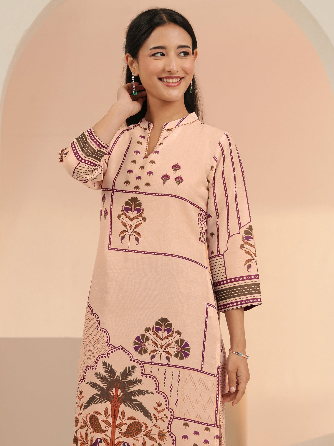 Mameraa Beige Mughal Floral Printed Silk Blend Straight Suit Set