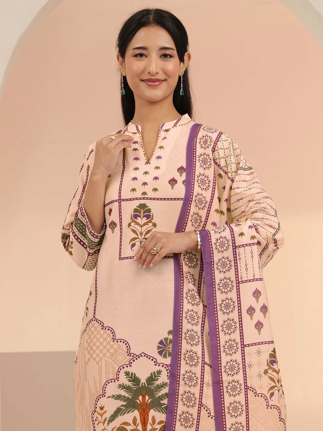Mameraa Beige Mughal Floral Printed Silk Blend Straight Suit Set