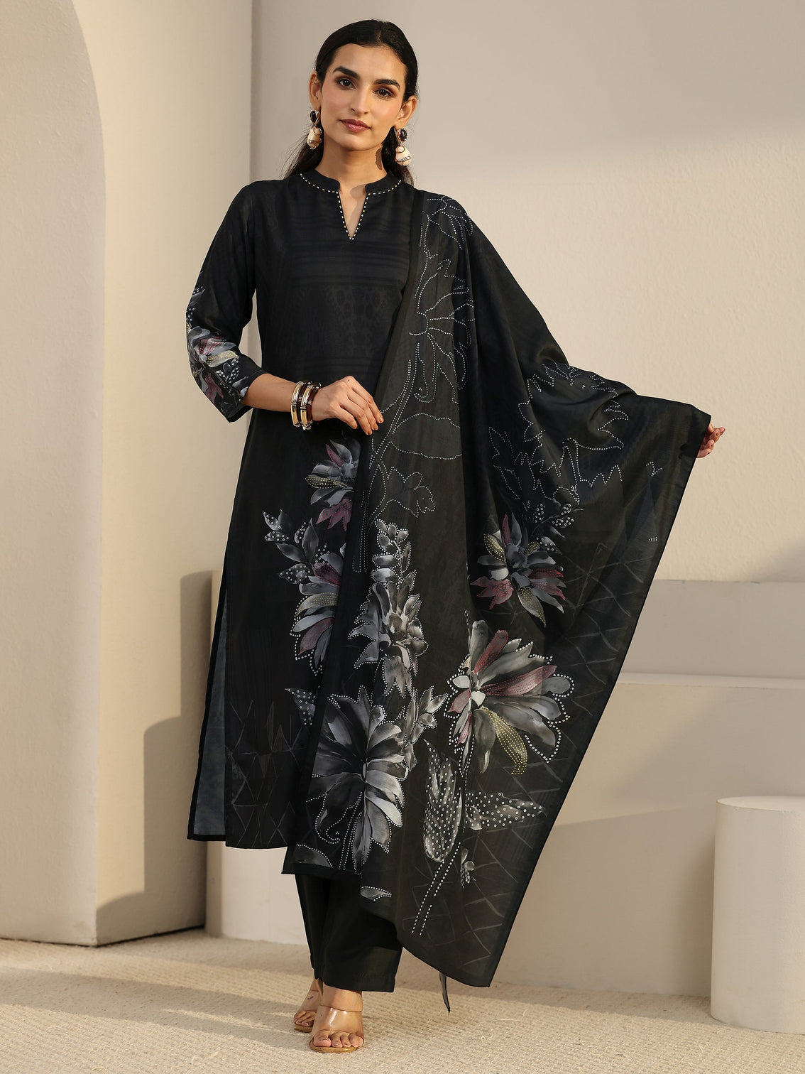 Mameraa Black Floral Printed Muslin Straight Suit Set