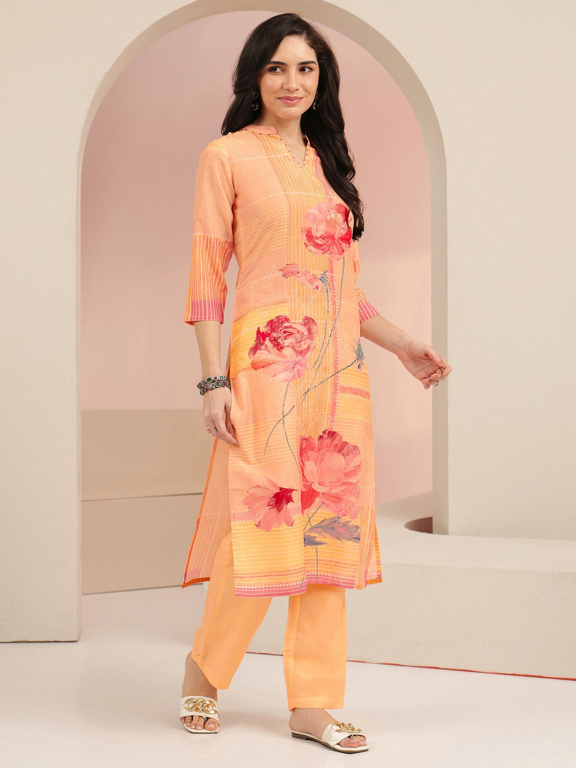 Mameraa Peach Floral Printed Silk Blend Straight Suit Set