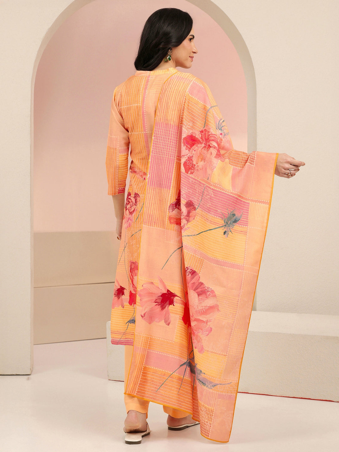 Mameraa Peach Floral Printed Silk Blend Straight Suit Set