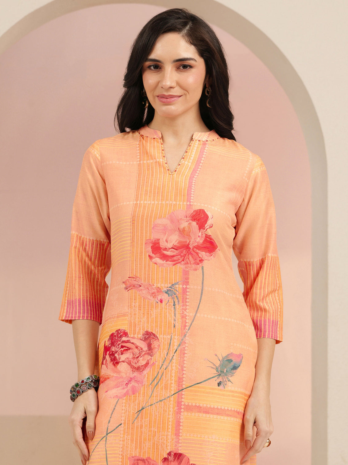 Mameraa Peach Floral Printed Silk Blend Straight Suit Set