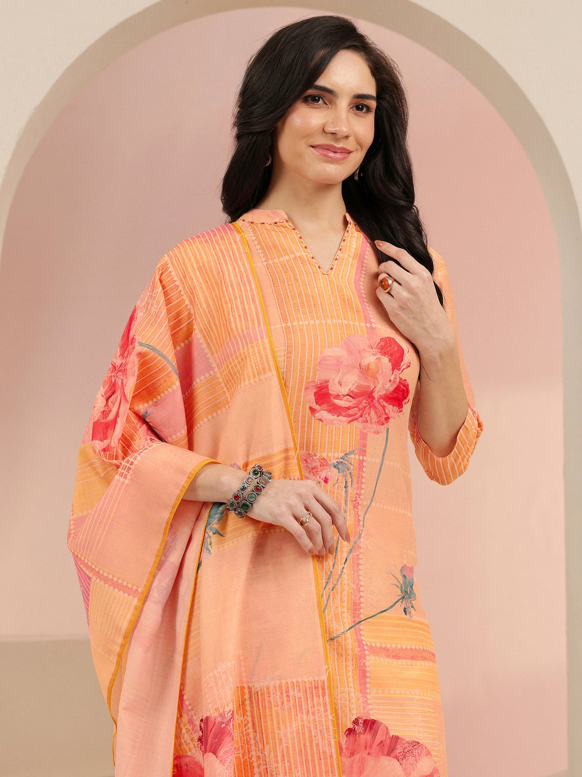 Mameraa Peach Floral Printed Silk Blend Straight Suit Set