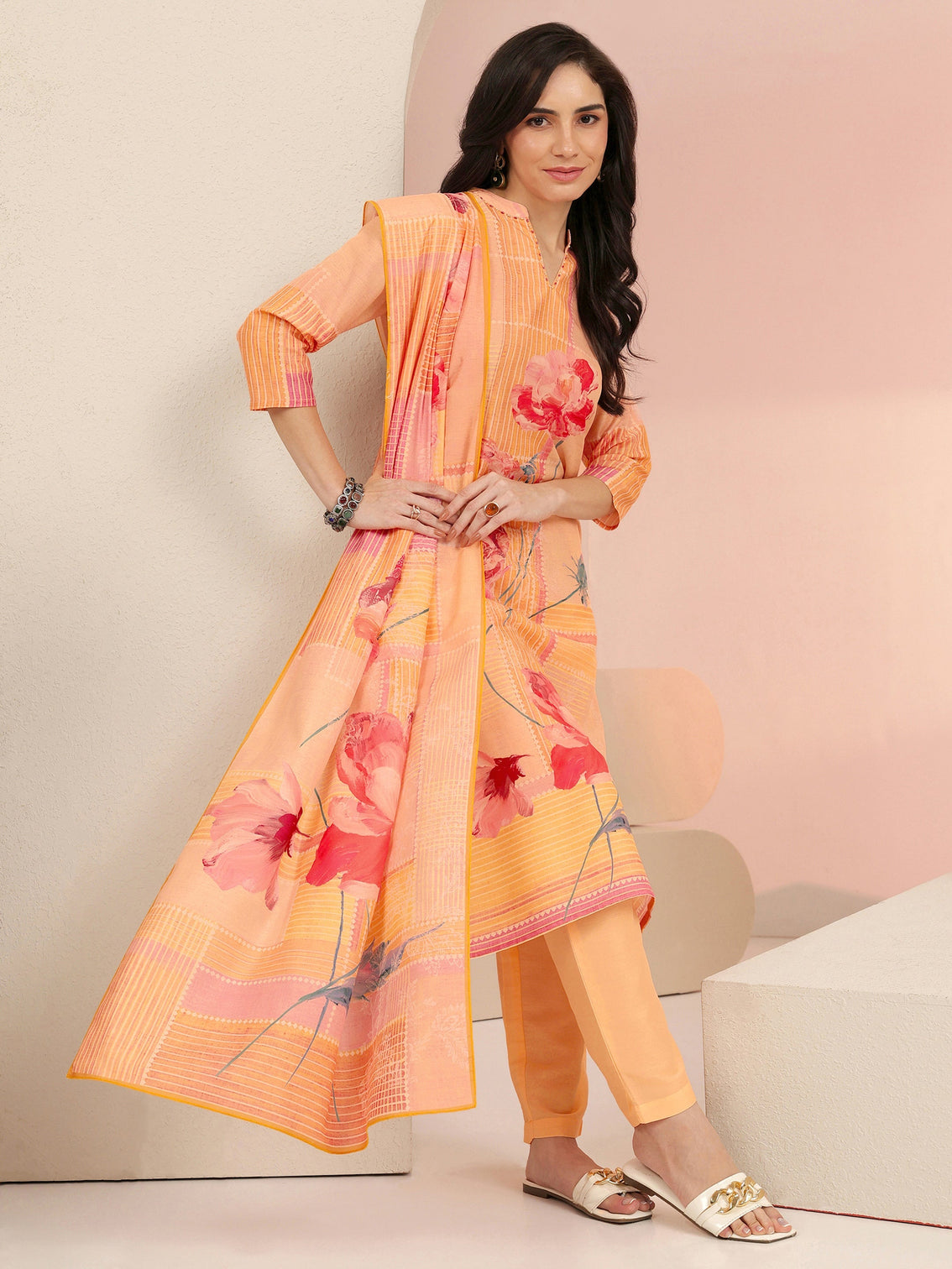 Mameraa Peach Floral Printed Silk Blend Straight Suit Set
