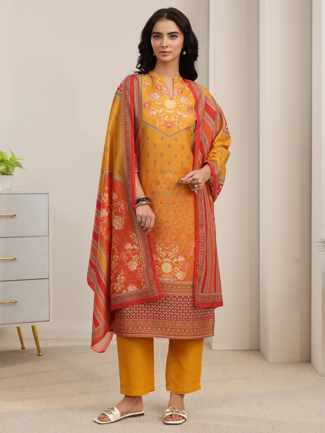 Mameraa Mustard Floral Printed Muslin Straight Suit Set