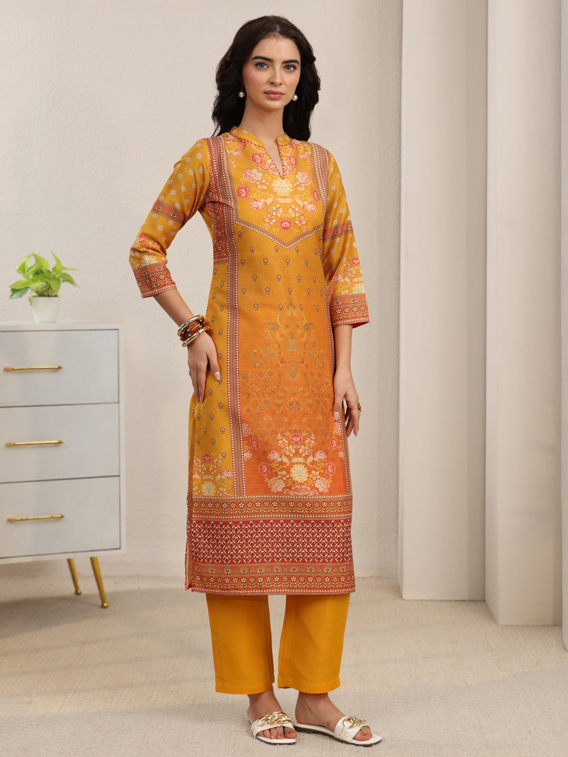 Mameraa Mustard Floral Printed Muslin Straight Suit Set