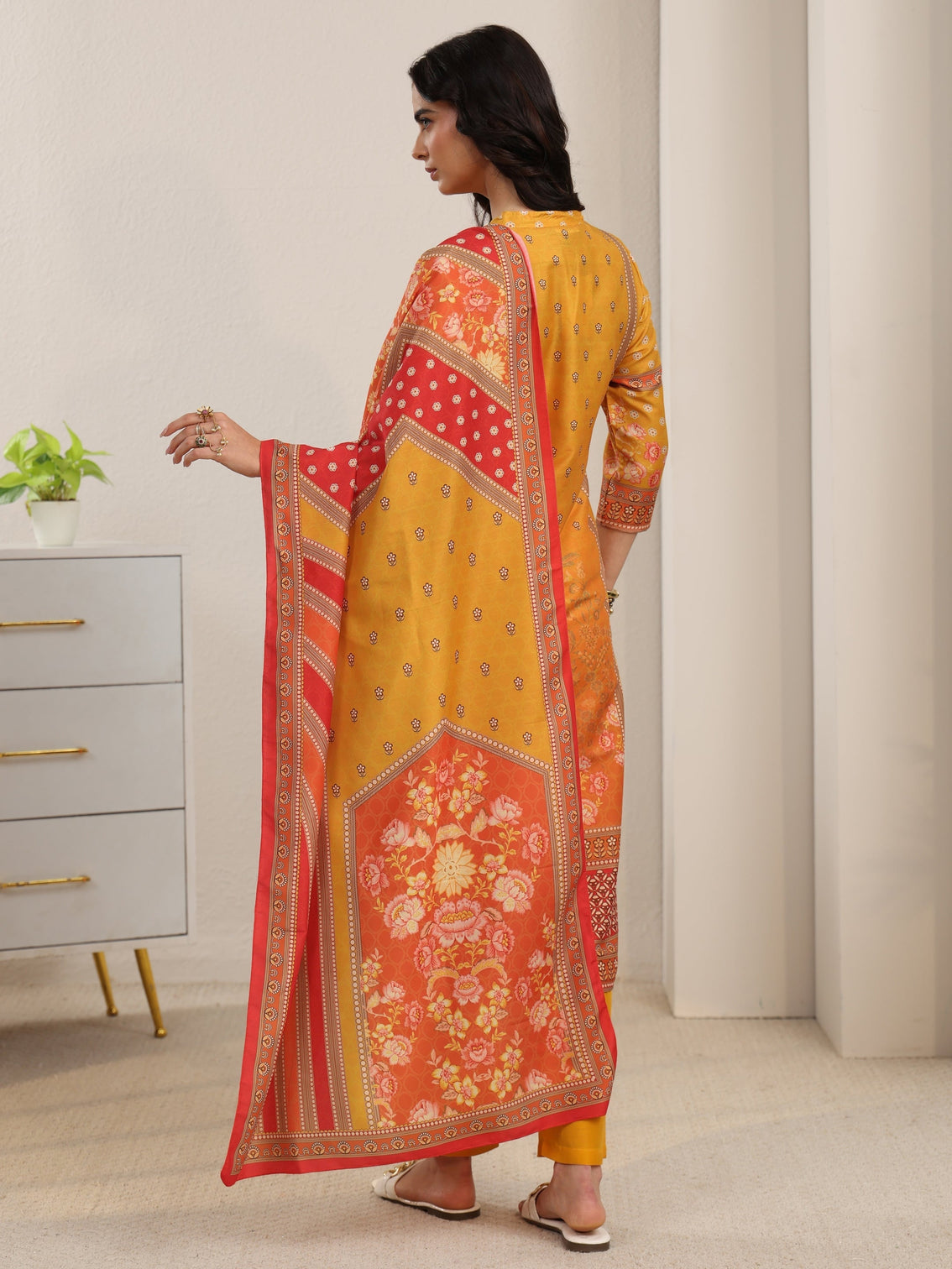 Mameraa Mustard Floral Printed Muslin Straight Suit Set