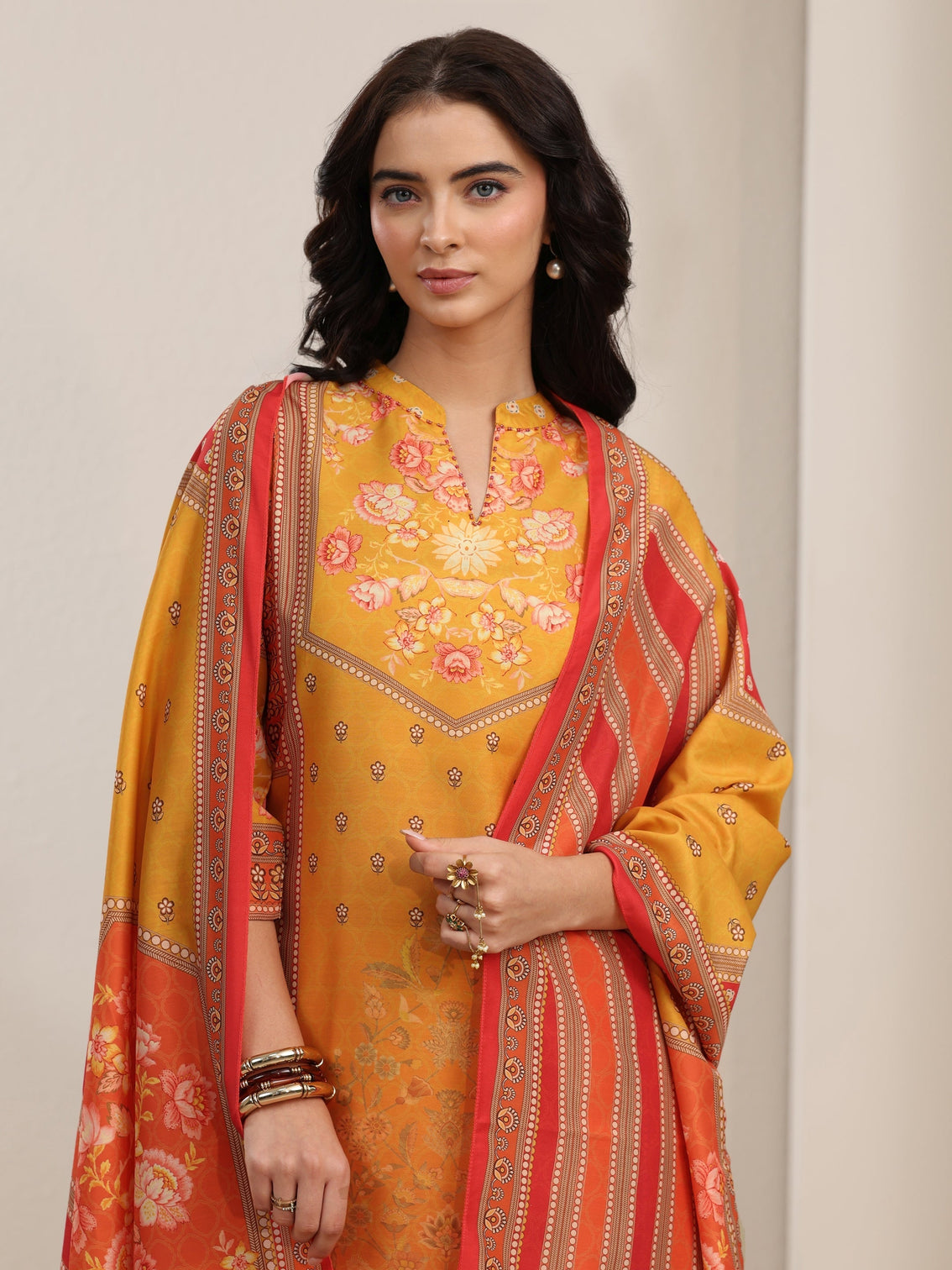 Mameraa Mustard Floral Printed Muslin Straight Suit Set