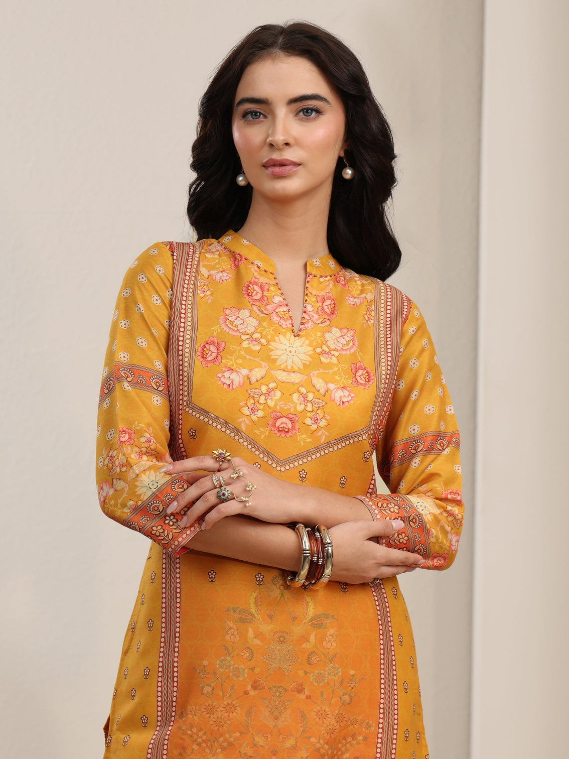 Mameraa Mustard Floral Printed Muslin Straight Suit Set