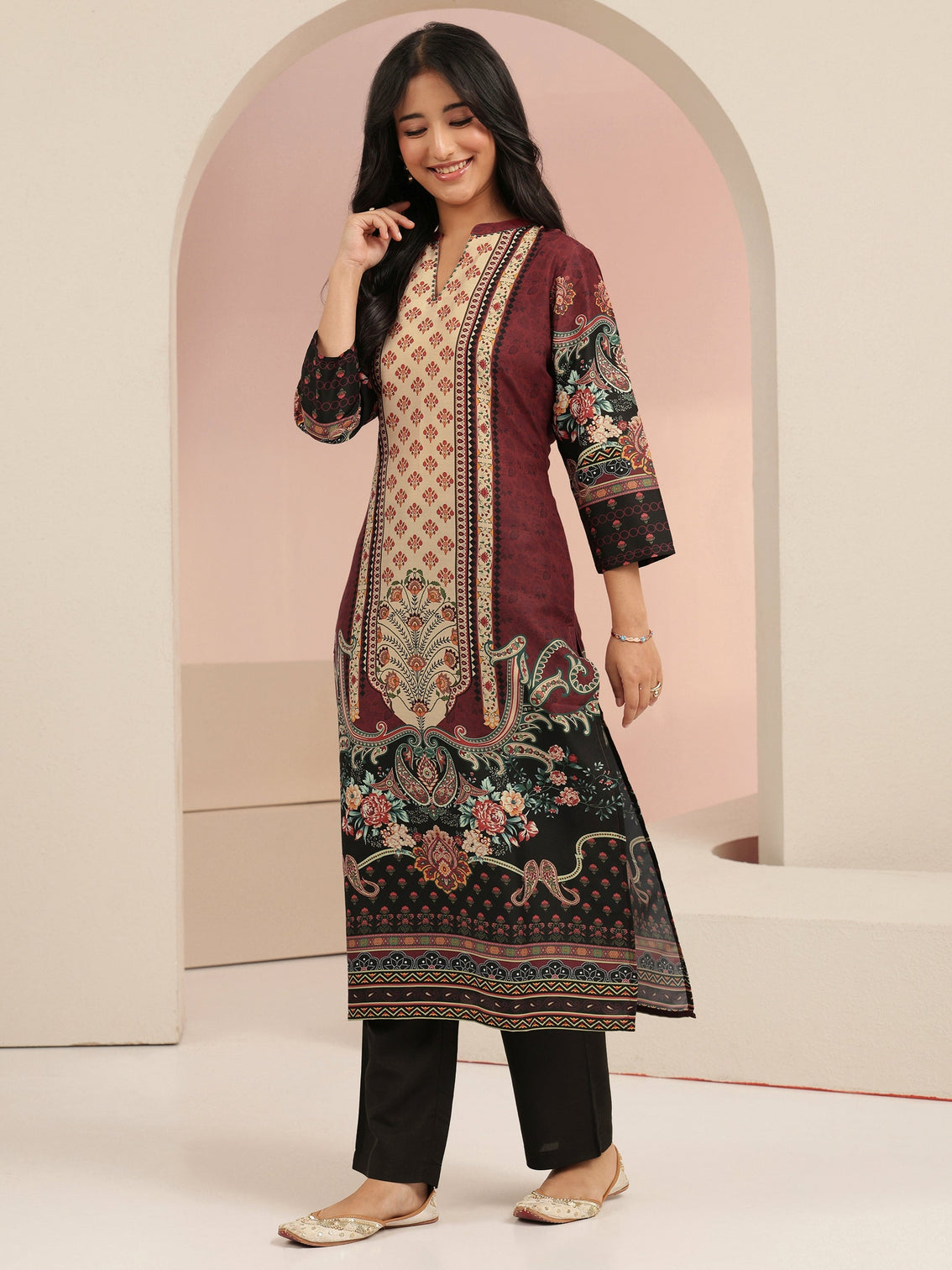 Mameraa Maroon Ethnic Print Silk Blend Straight Suit Set