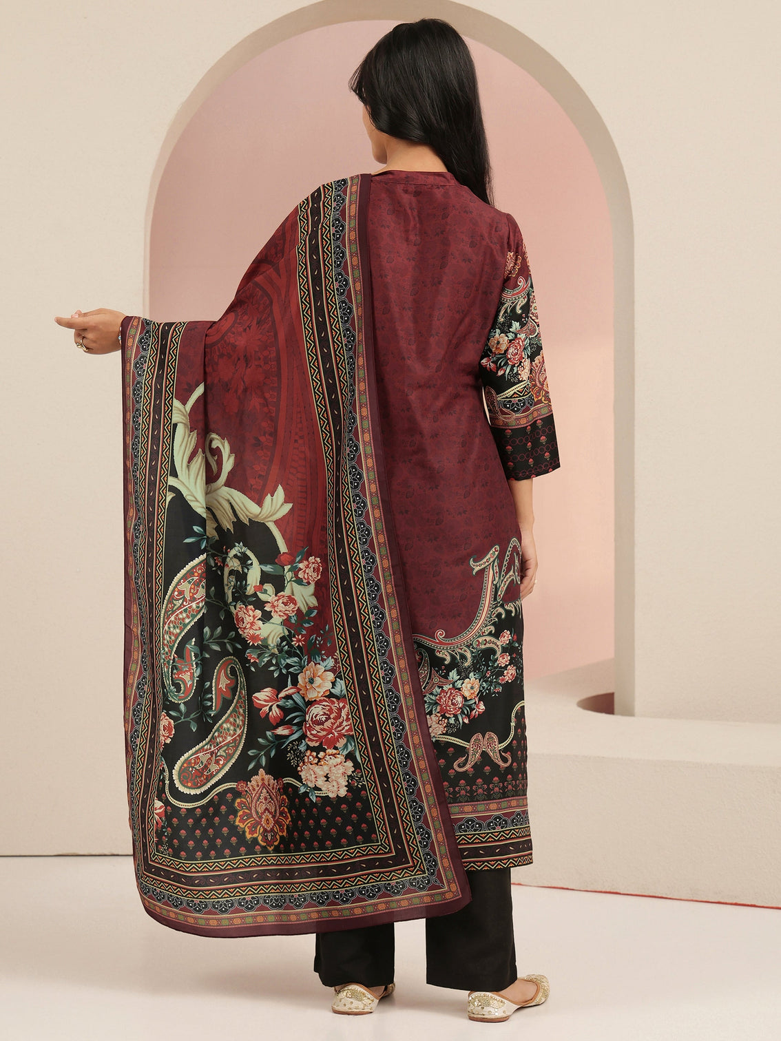 Mameraa Maroon Ethnic Print Silk Blend Straight Suit Set