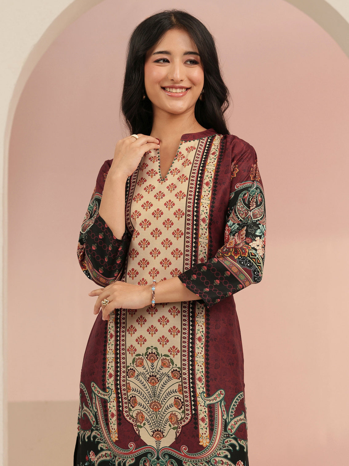 Mameraa Maroon Ethnic Print Silk Blend Straight Suit Set