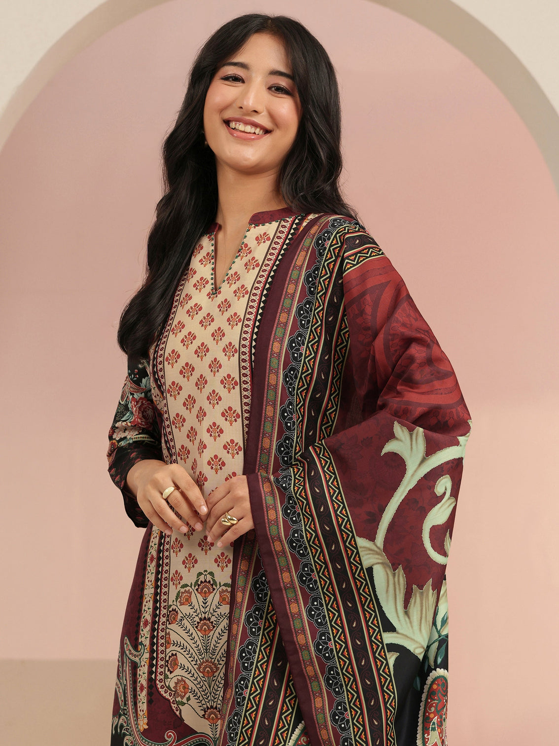 Mameraa Maroon Ethnic Print Silk Blend Straight Suit Set