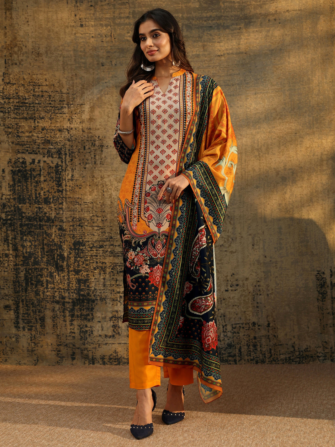 Mameraa Mustard Multi Print Straight Muslin Suit Set