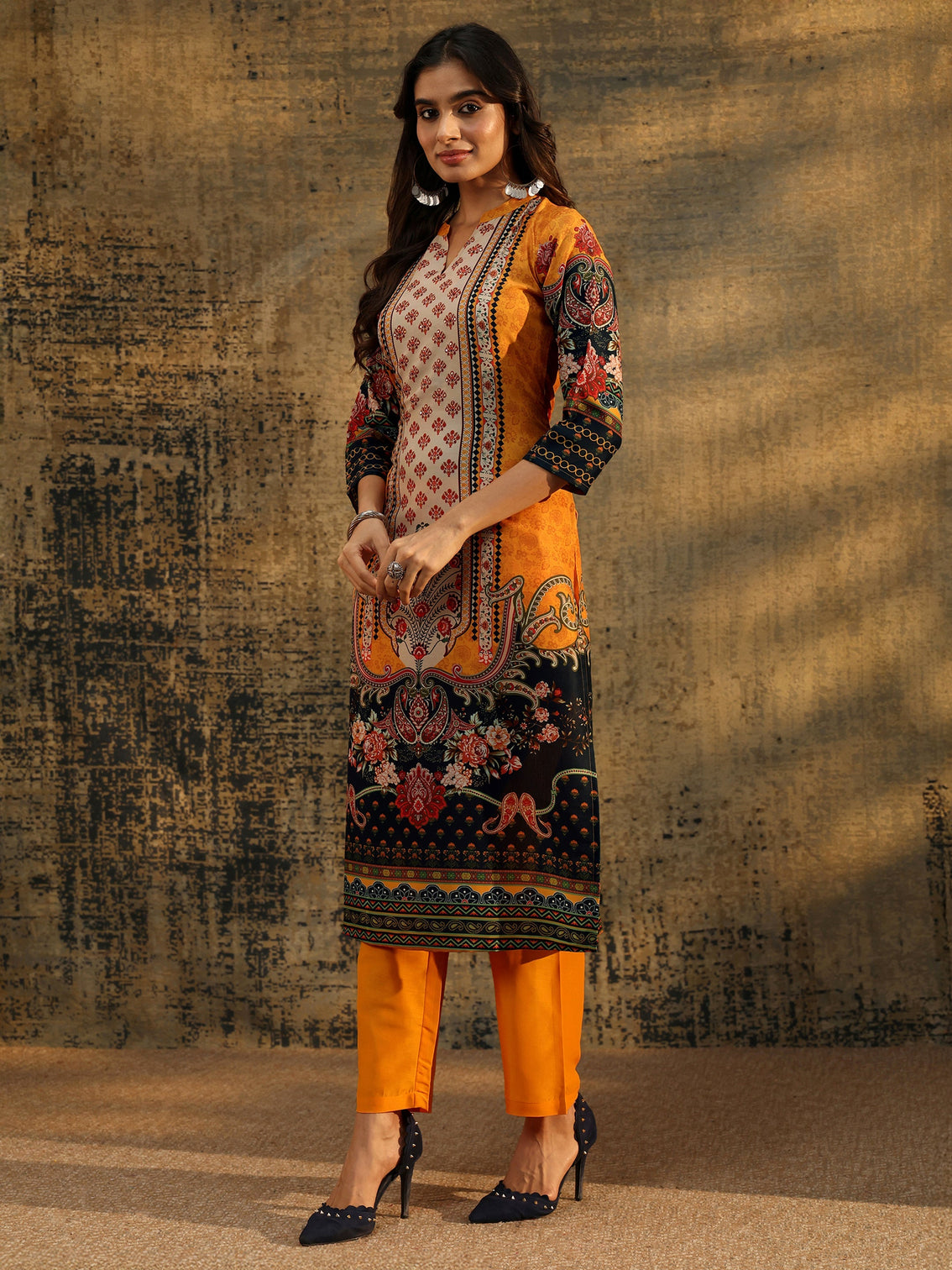 Mameraa Mustard Multi Print Straight Muslin Suit Set