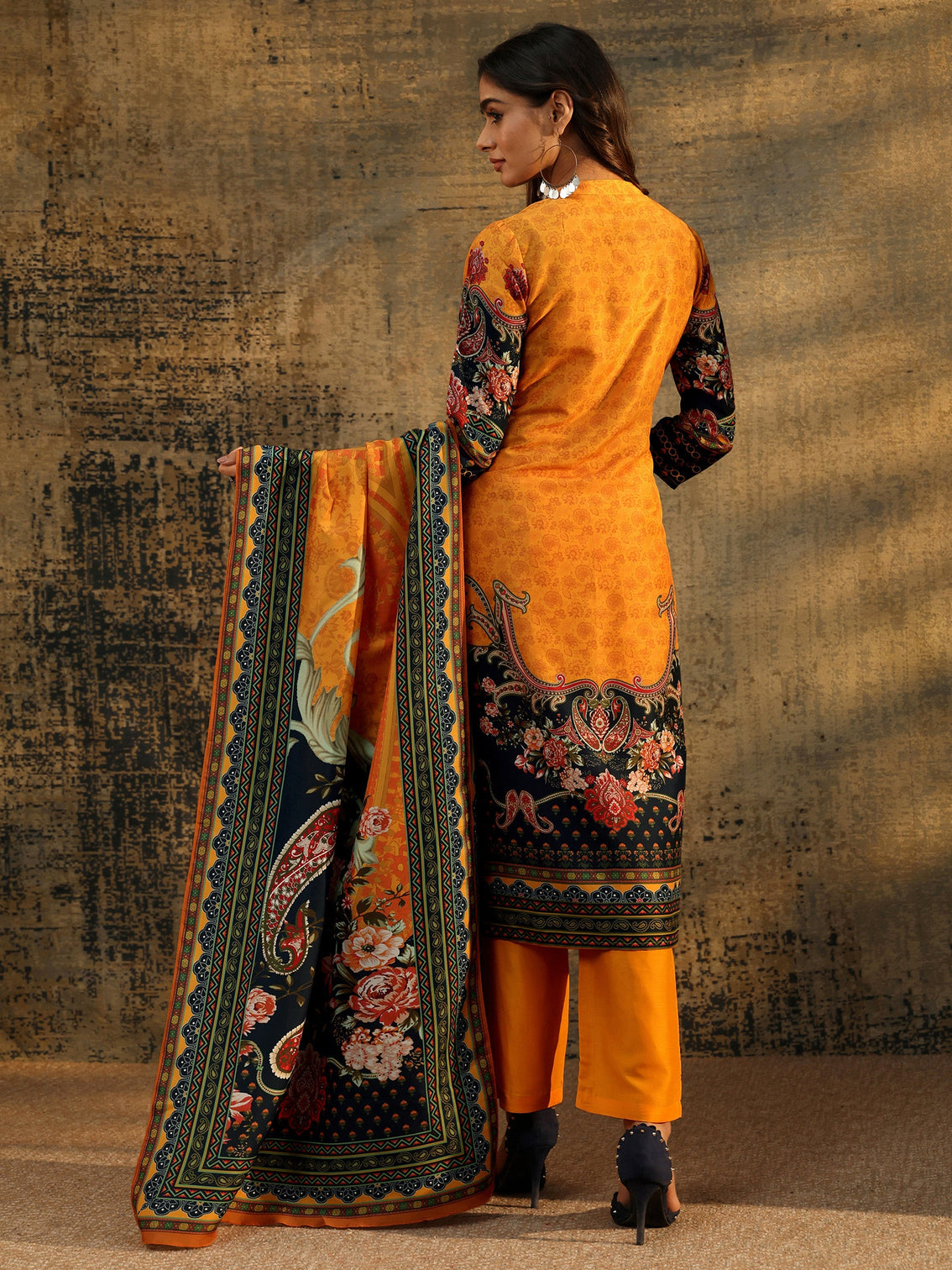 Mameraa Mustard Multi Print Straight Muslin Suit Set
