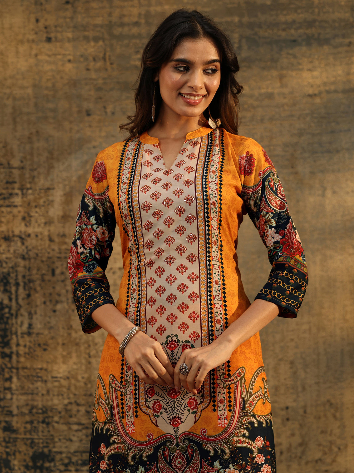 Mameraa Mustard Multi Print Straight Muslin Suit Set