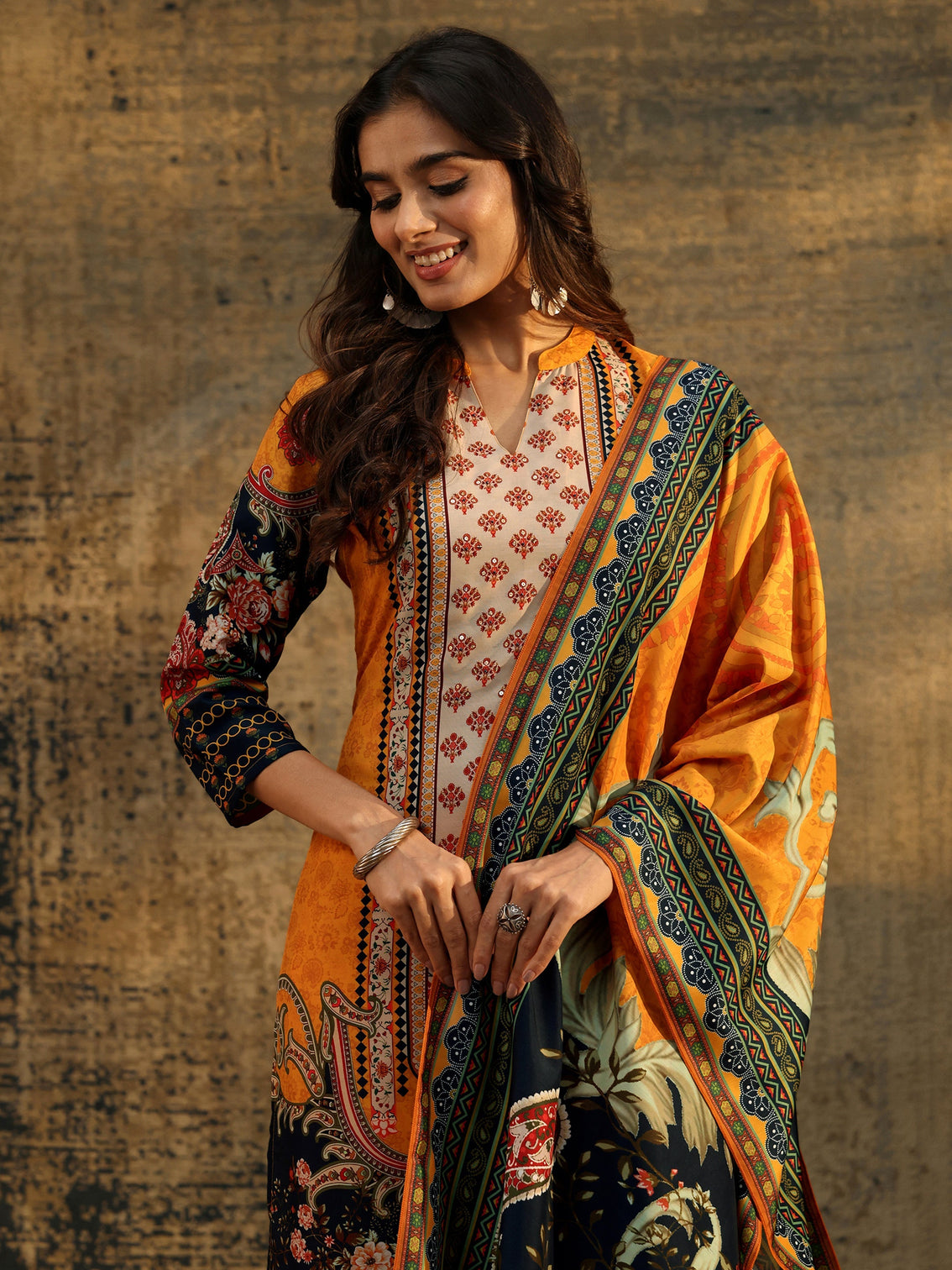 Mameraa Mustard Multi Print Straight Muslin Suit Set