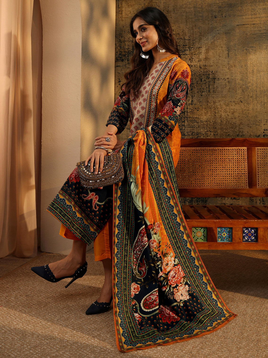 Mameraa Mustard Multi Print Straight Muslin Suit Set