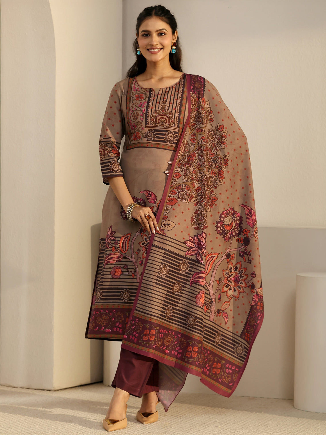 Mameraa Brown Floral Printed Muslin Straight Suit Set