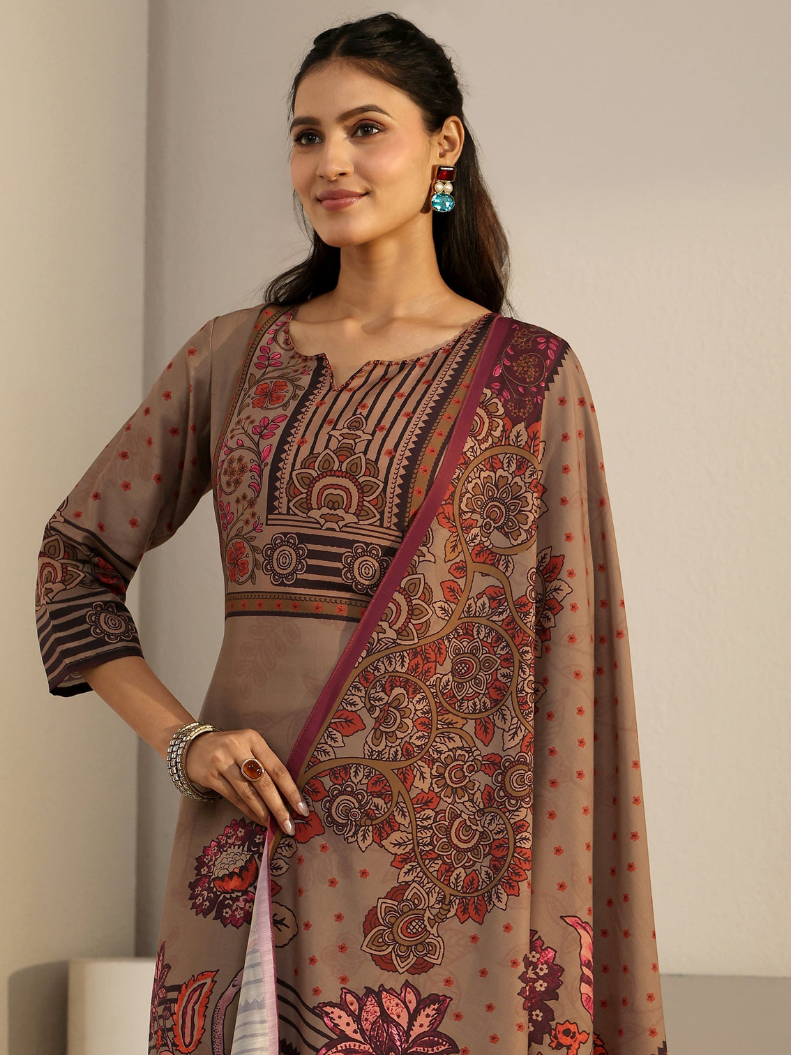 Mameraa Brown Floral Printed Muslin Straight Suit Set