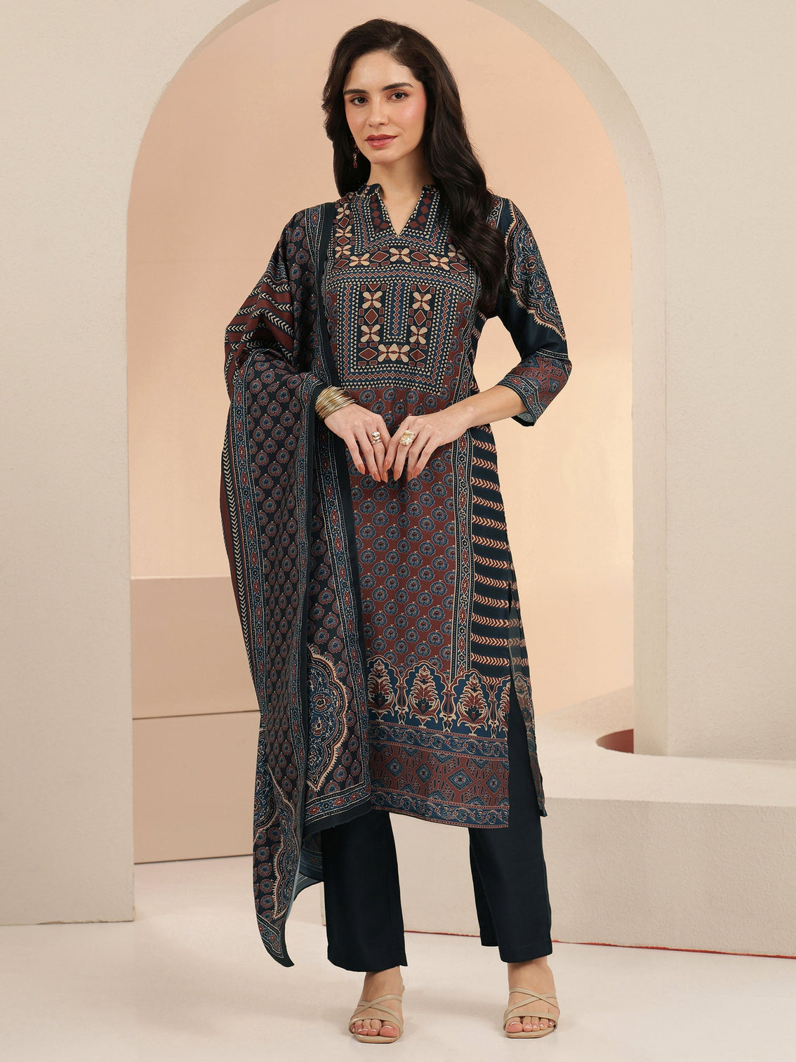 Mameraa Maroon Ethnic Print Cotton Blend Straight Suit Set