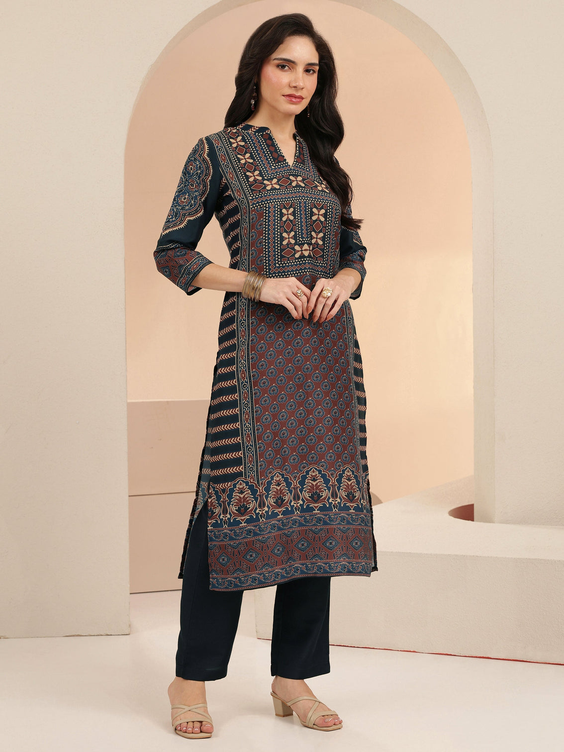Mameraa Maroon Ethnic Print Cotton Blend Straight Suit Set