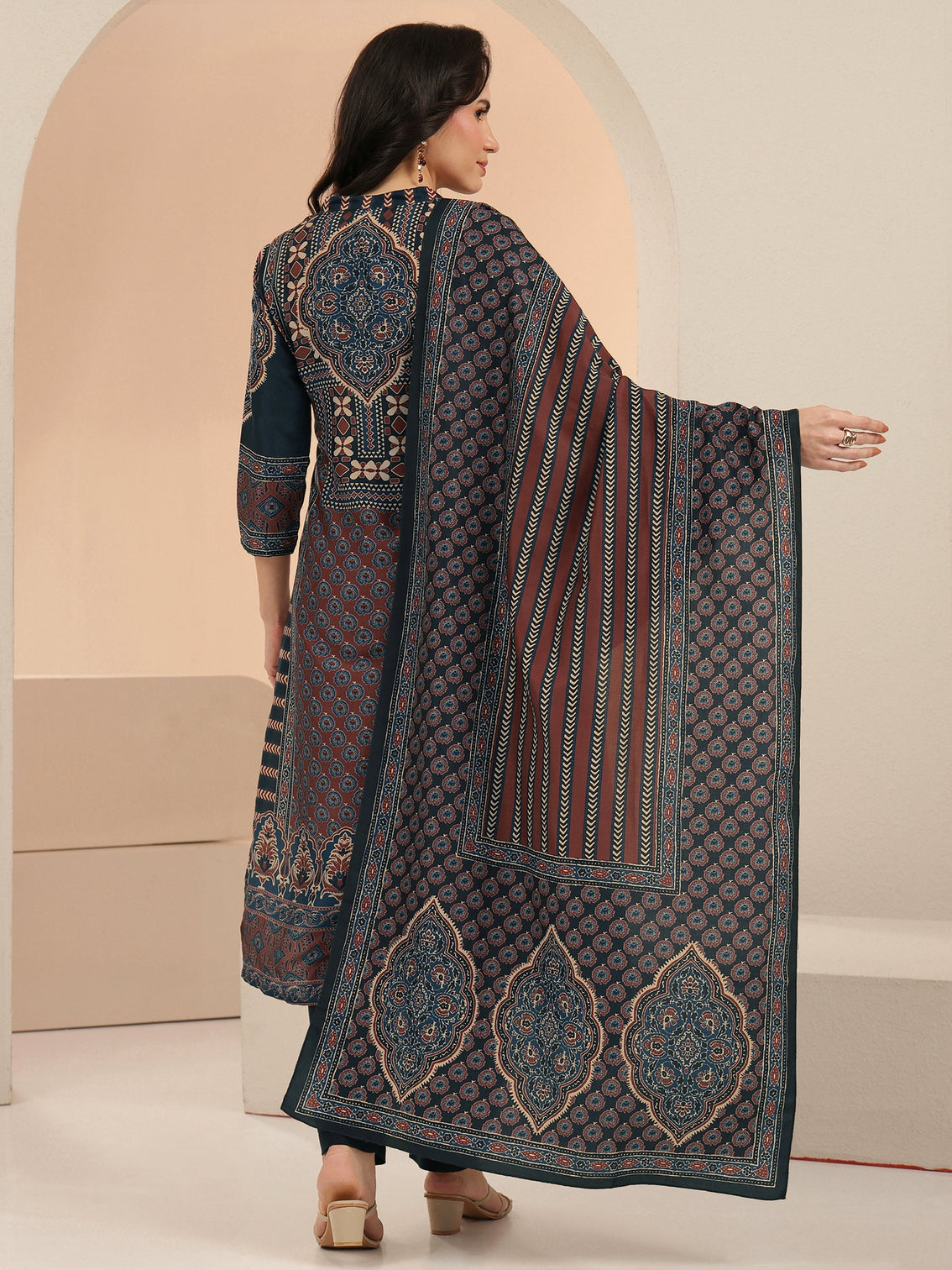 Mameraa Maroon Ethnic Print Cotton Blend Straight Suit Set