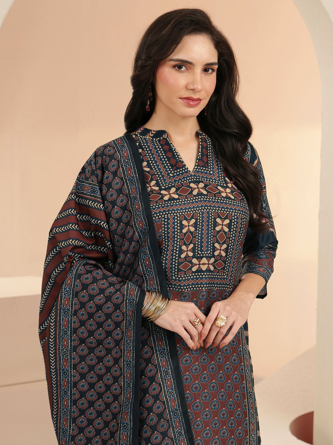 Mameraa Maroon Ethnic Print Cotton Blend Straight Suit Set
