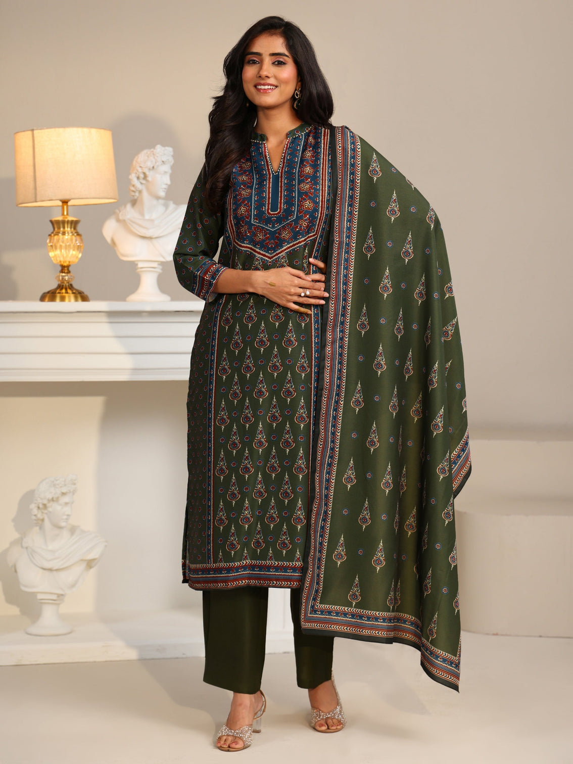 Mameraa Olive Green Printed Muslin Straight Suit Set