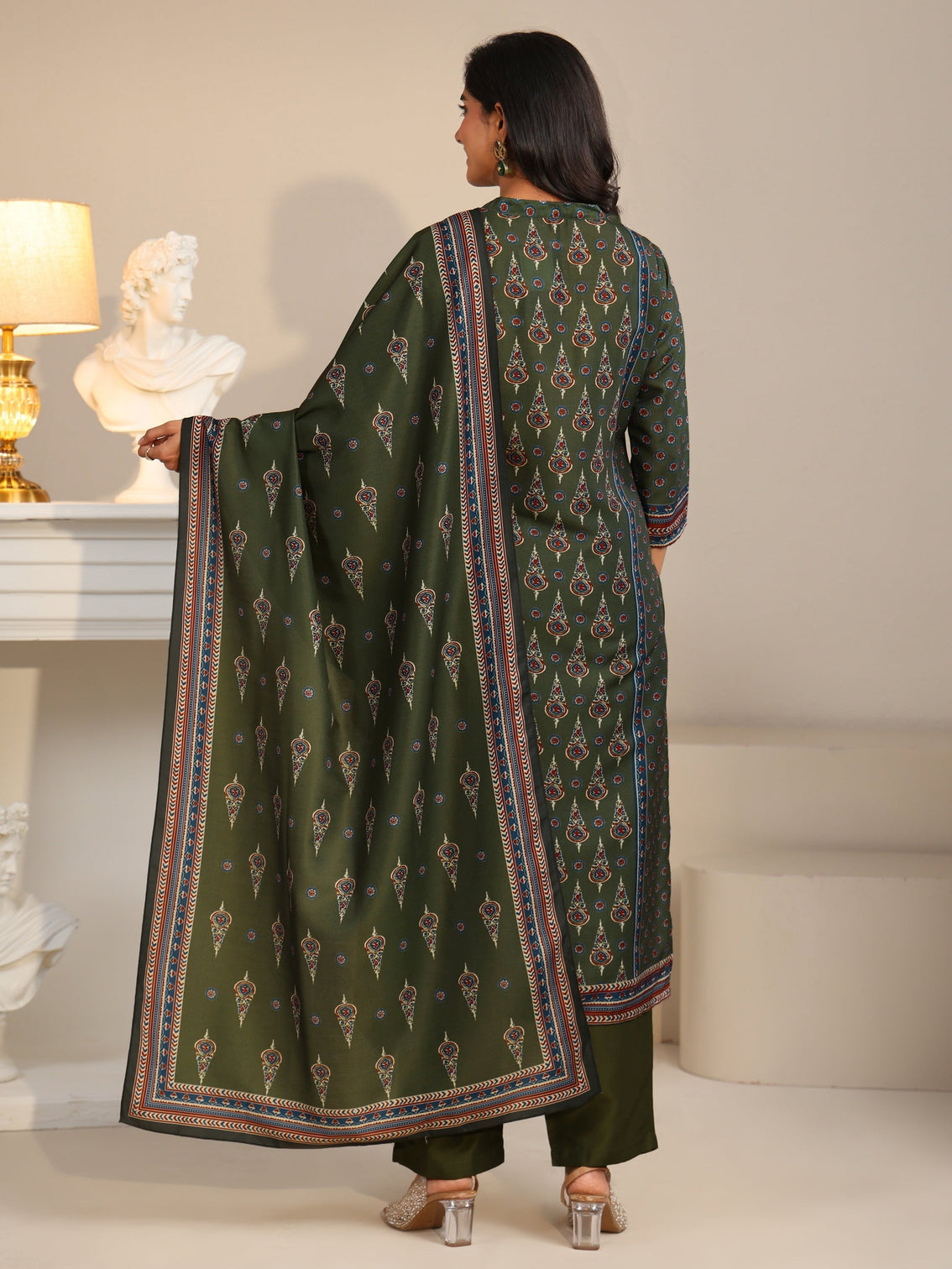 Mameraa Olive Green Printed Muslin Straight Suit Set